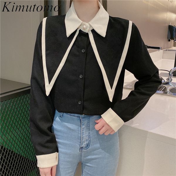 

kimutomo chic corduroy blouse women spring fashion girls turn-down collar single breasted long sleeve shirt outwear 210521, White
