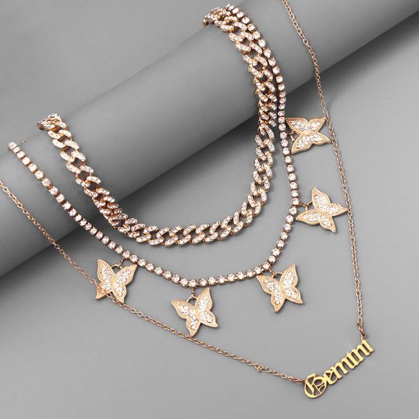 

chains just feel iced out cuban link chain necklace multilayer crystal butterfly letter pendant for women punk hip hop jewelry, Silver