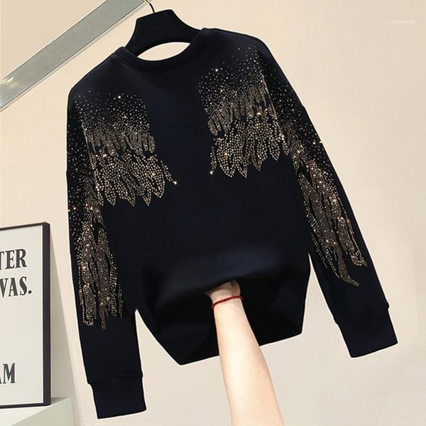 

heavy industry casual hoodies women long-sleeved rhinestone sweatshirt for women's autumn and winter loose black hoodie pullover1