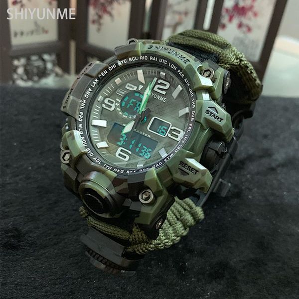 

wristwatches shiyunme men military watch camouflage strap compass thermometer dual time display led quartz male sports relogios masculino, Slivery;brown