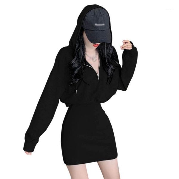

women dress bodycon autumn korean style fashion wild solid color slim long-sleeved hooded sweater party mini vestido casual dresses, Black;gray