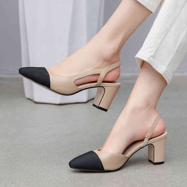 

women slingbacks shoes high heels natural genuine leather thick heel cow mixed colors pumps ladies 43 210517, Black