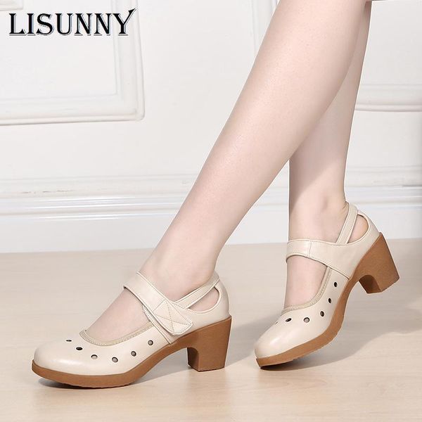 

dress shoes lisunny 2021 cut out women pumps breathable hook&loop thick high heels soft mary janes dancing leather, Black