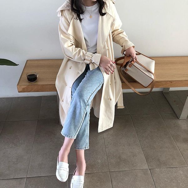 

women's trench coats solid lapel trench coat female fashion long sleeve double breasted for thin woman 5xnz, Tan;black