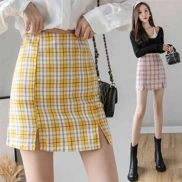 Split Split Split Saia Manta Primavera Outono Estilo Coreano Cintura Alta Amarelo Slim Fit Schoolgirl Vintage curto 210604