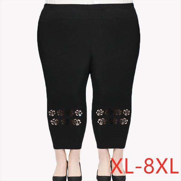 

summer middle aged elderly elastic women capri high waist casual solid thin cropped plus size 8xl mother, Black;white