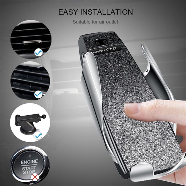 

s5 universal automatic clamping wireless car charger holder receiver mount sensor 10w fast charging chargers for iphone12 samsung smart phon