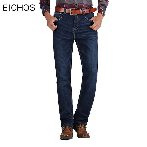 

autumn 100% cotton jeans pants men stretch regular fit business straight classic wash denim trousers male blue eichos men's