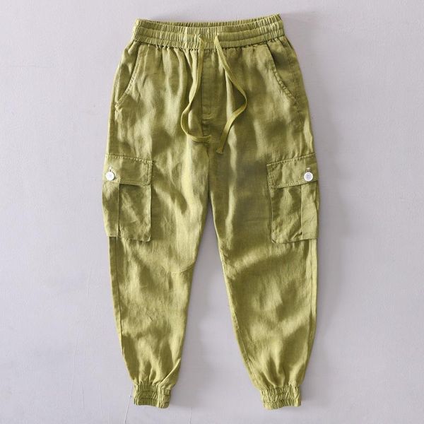 

men's casual cargo 100% linen ankle length pants men safary style trousers for male army green orange dark blue, Black