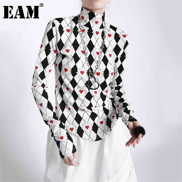

[eam] women pattern print contrast color white t-shirt new turtleneck long sleeve fashion tide spring autumn 1dd3965 210401