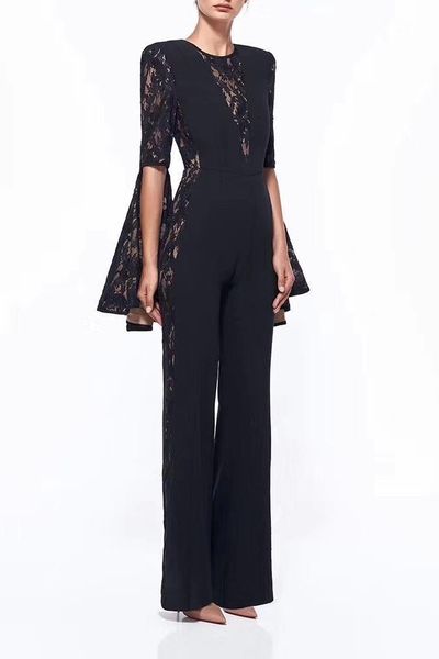 

women's jumpsuits & rompers women lace boot cut flare sleeve rayon bandage jumpsuit 2021 fashion celebrity flared, Black;white