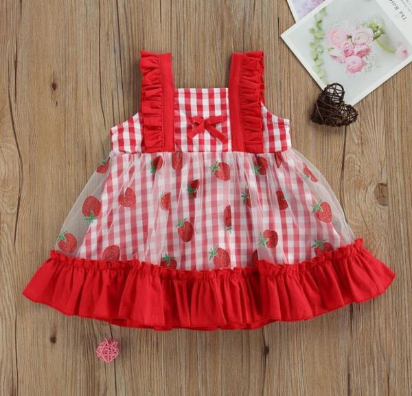 

girl's dresses kids clothes baby girls square collar dress with bow-knot plaid strawberry print sleeveless sundress for summer, Red;yellow