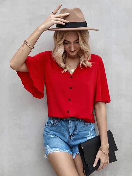 

solid button front butterfly sleeve blouse c0u3#, White