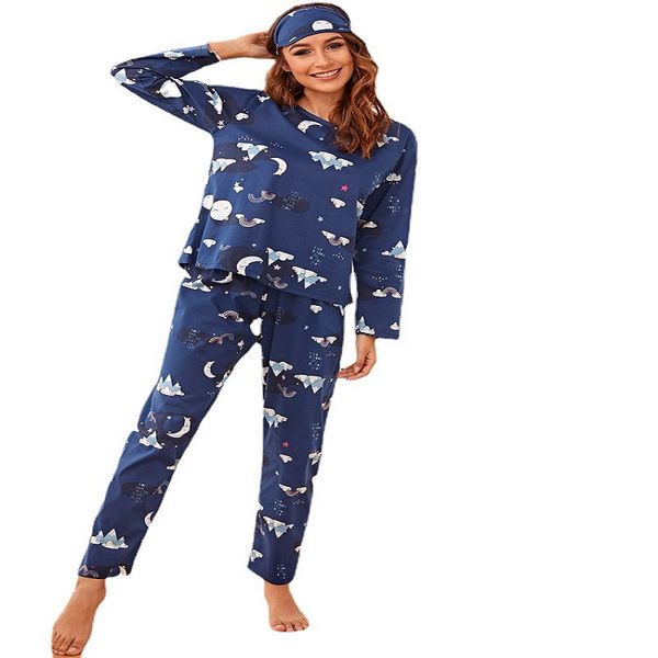 

women sleepwear three-piece printing eye patch home wear contrast color comfortable round neck casual new style autum fashion spring, Black;red