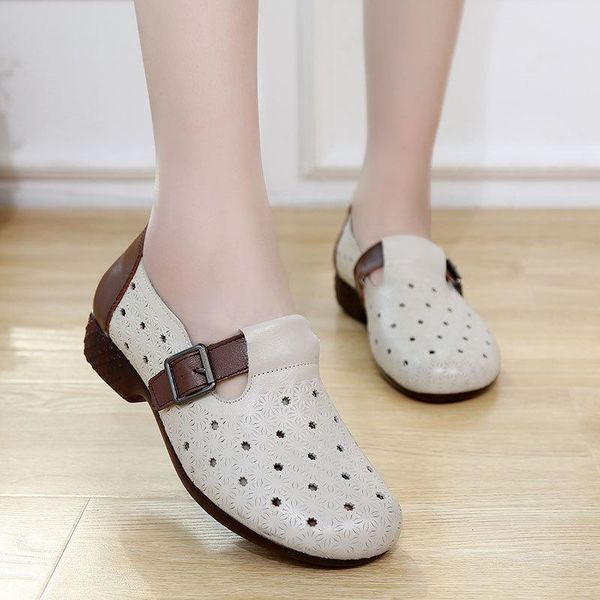 

sandals elegant ladies shoes women spring genuine leather buckle strap square high heels round toe hollow out zapatos de mujer, Black