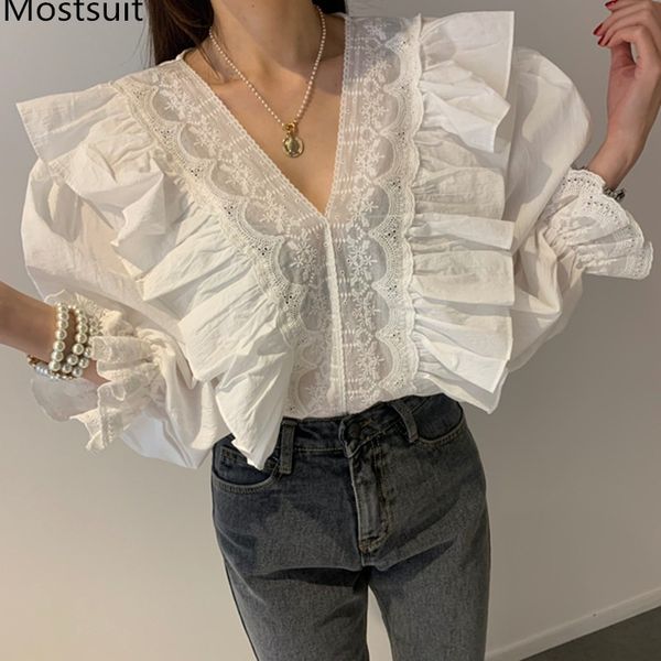 

v-neck ruffles elegant women shirt blouse spring flare sleeve hollow out embroidered solid vintage korean female blusas 210518, White