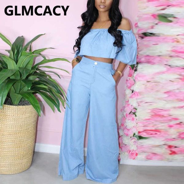 

women solid two piece streetwear suits chic offfshoulder crop & wide leg loose pants set 210702, White