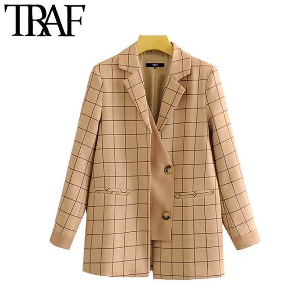 

traf women vintage stylish patchwork plaid blazer coat fashion notched collar long sleeve female outerwear chic 210415, Black;brown