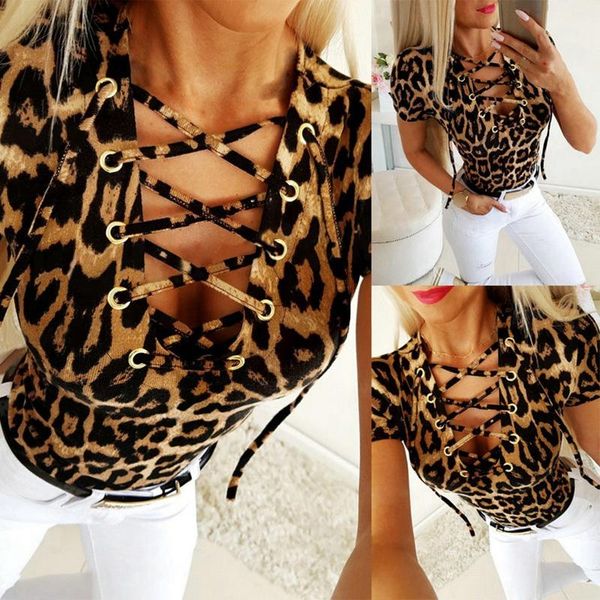 

women's summer leopard print strappy short sleeve t-shirt, White