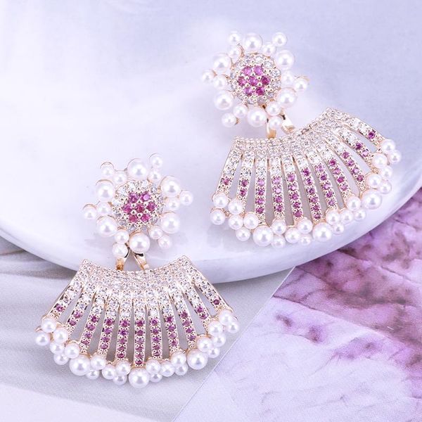 

stud fashion fan shape earrings pave mini simulated pearl luxury cubic zirconia for women dress beauty xiumeiyizu 2021, Golden;silver