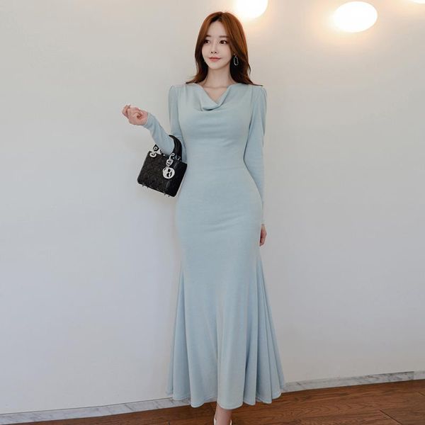 

long party dress elegant blue v-neck sleeve slim trumpet / mermaid autumn winter casual dresses, Black;gray