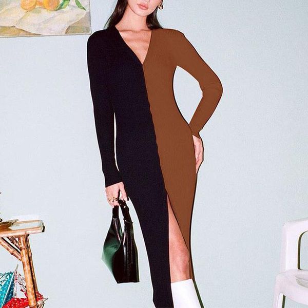 

casual dresses color block button high waist long dress v-neck slim knitted autumn and winter style ladies for women 2021, Black;gray