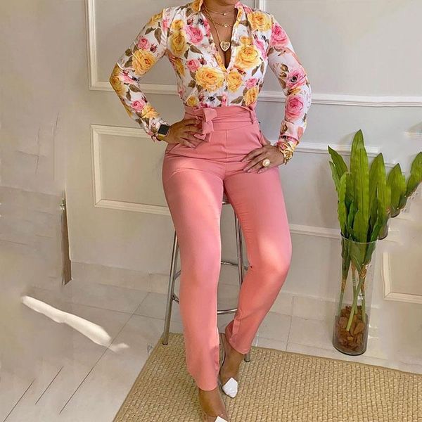 

mother's day gifts summer women daily two piece suits v-neck floral print long sleeve shirt & work wear casual pants set women's, White