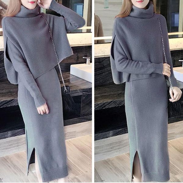 

casual dresses women's autumn two-piece dress temperament high neck sleeveless hedging long sleeve solid color knit suit 2021 office la, Black;gray