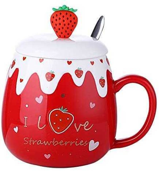 

lovely strawberry and stainless steel scoop ceramic coffee cup, novel and interesting fruit cup, lovers milk cup, creative gift