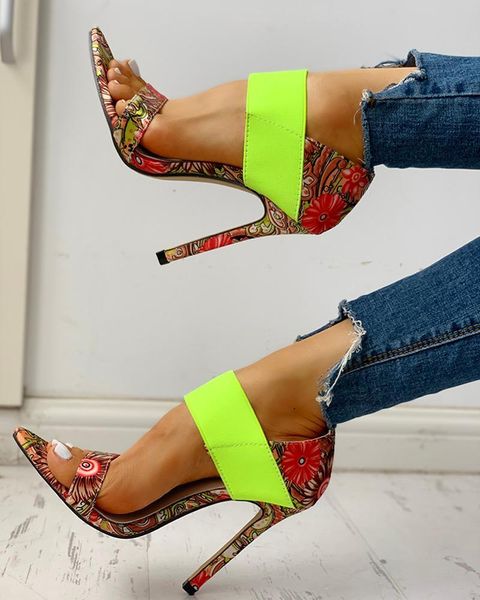 

colorful print elastic bandage thin heeled sandals open toe party wear, Black