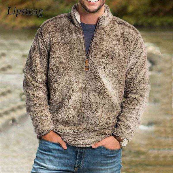 

2021 winter mens plush hoodie fashion zipper stand collar pullover casual solid loose long sleeve sweatshirt men streetwear g1214, Black