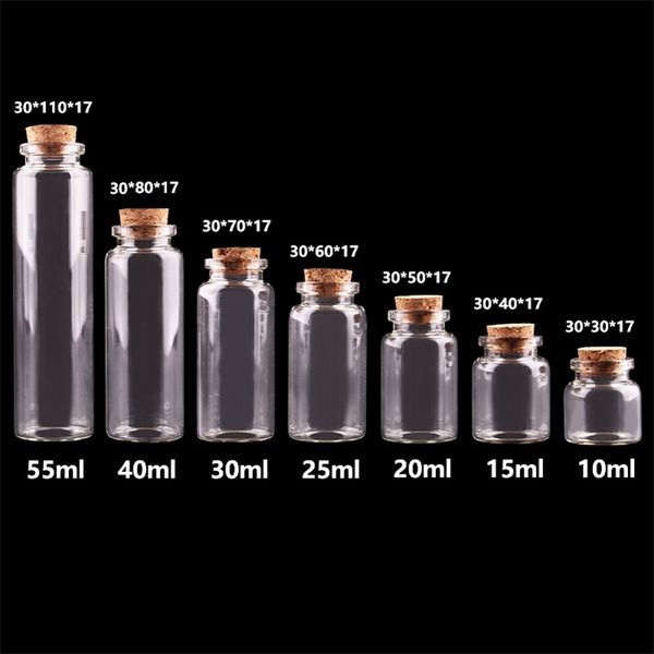 24pcs 10ml 15ml 20ml 25ml 30ml Bonitos garrafas de vidro claras com rolha de cortiça garrafas de especiarias vazias frascos diy artesanato 210331