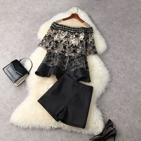 

2021 summer half sleeve round neck black sheer mesh beads embroidery + high waist wide leg shorts two piece suits 2 pieces set 21a152074, Gray