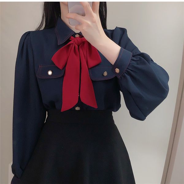 

dress large size bow girls full sleeves elegance all match gentle chic office lady blouses shirts, White