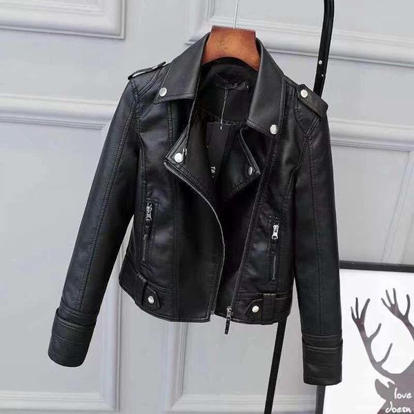 

women's leather & faux 2021 jacket women casual pu loose motorcycle streetwear coat korean version was thin, Black