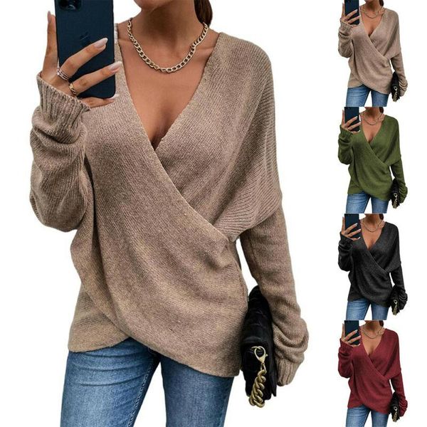 

women's sweaters sweater autumn knit long sleeve deep v-neck front cross office clothes solid color pullover casual, White;black