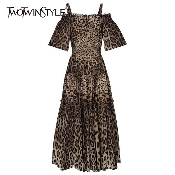 

leopard print sling dress for women square collar short sleeve high waist midi dresses female summer tide 210428, Black;gray