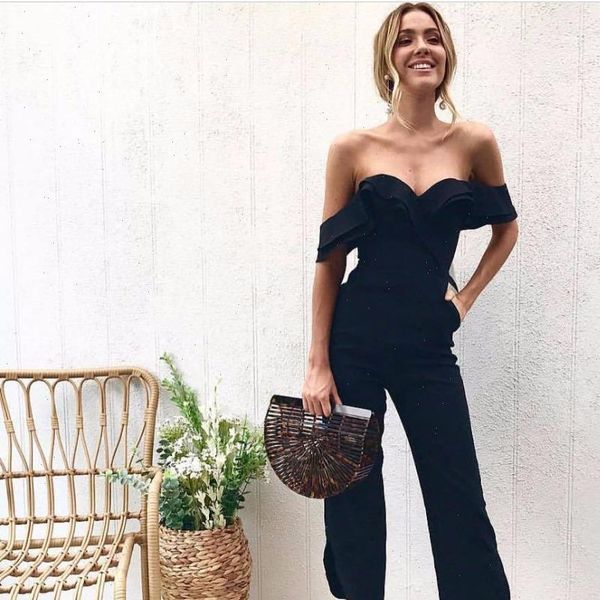 

womens jumpsuit ruffles strap white black off shoulder split wide leg rompers for slim waist party overalls, Black;white