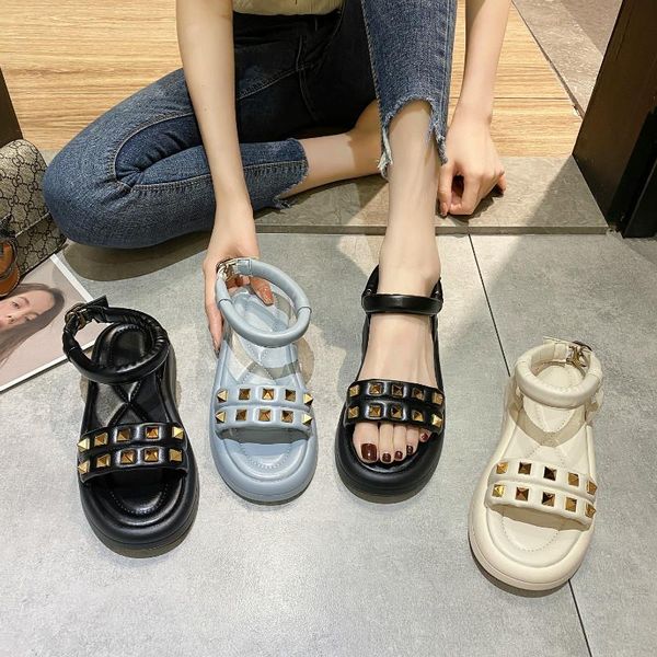 

sandals dlek womens platform rivet fashion soft buckle ankle strap leisure women sandal open toe handmade female flats, Black