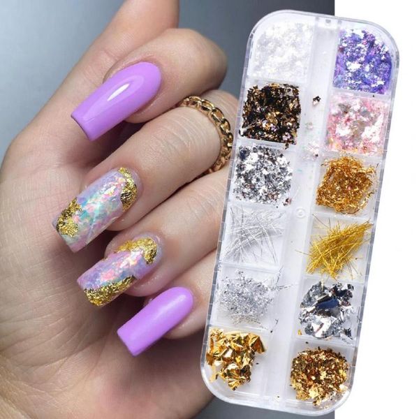 

nail art kits 1 box 12 grids glitter foil operate easily metallic crafts making gold flakes accessories