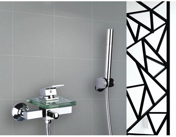 

wall mounted waterfall shower faucet glass set, copper bathtub chrome, bathroom handheld head mixer sets