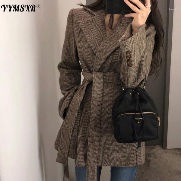 

women's suits & blazers 2021 autumn and winter ladies woolen suit high-quality lace-up mid-length jacket temperament office coat, White;black