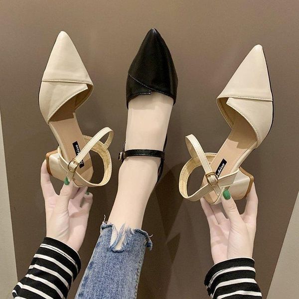 

sandals pointed toe baotou low mid-heeled thick-heel half-drag women all-match breathable cloth outer wear 2s9a, Black