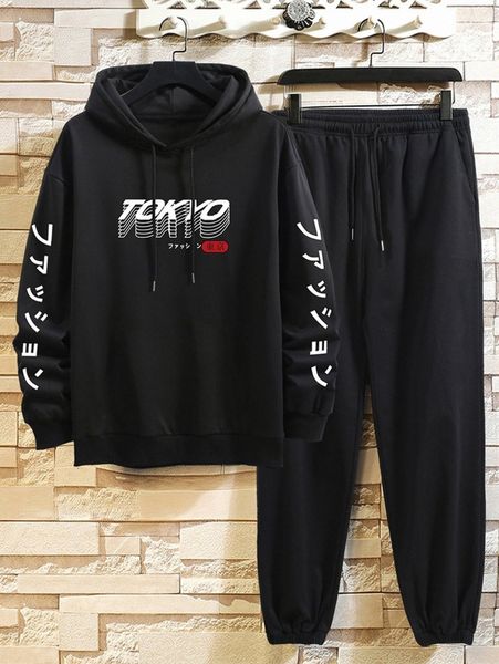 

men japanese letter graphic drawstring hoodie & sweatpants y9a4#, Gray
