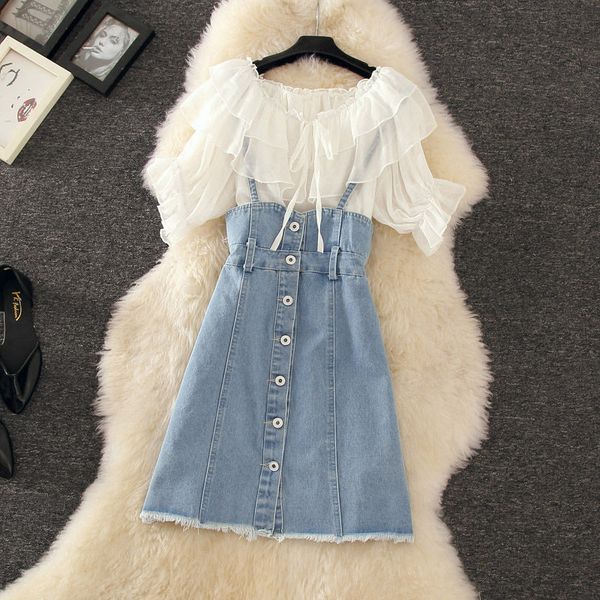

mode chiffon blouses + denim suspending skirt summer define feminine pieces sweet and a line short, Black