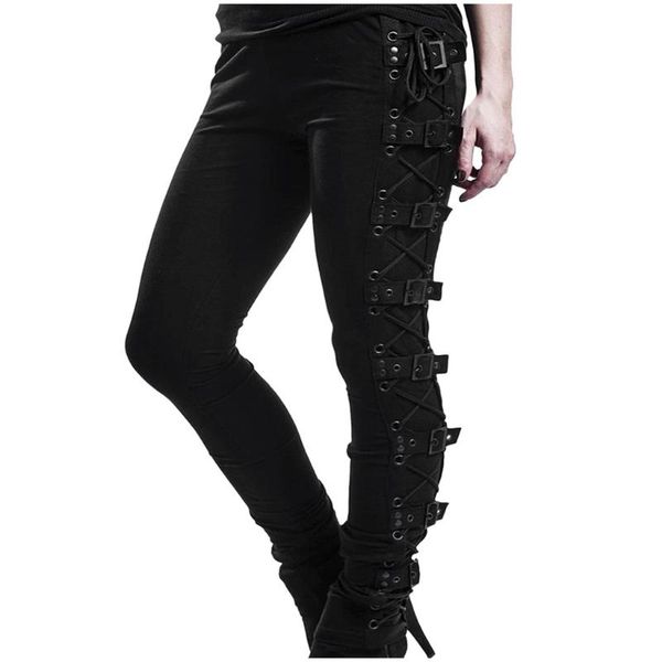 

gothic punk side lace up leggings black skinny long pans women fashion streetwear trousers push slim sweatpants girls leggins women's