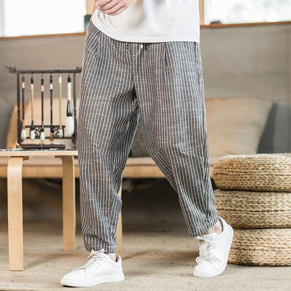 

men's pants mrgb 2021 fashion linen men casual stripe loose harem chinese style straight vintage male trousers big size man, Black