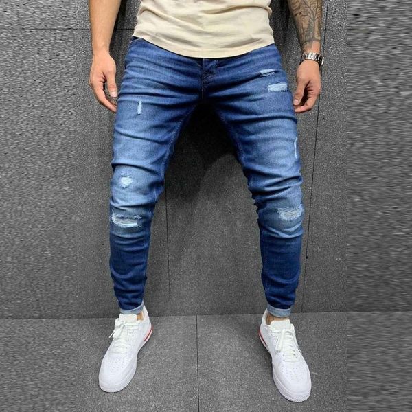 

men's jeans fashion men high waist striped zipper denim hole ripped stretch vintage hip hop work skinny trousers pencil long pants#35 u, Blue
