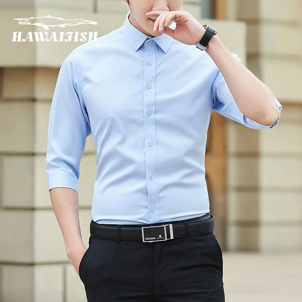 

men's casual shirts hawaifish brand short men slim handsome business suits three-quarter camisas fashion comfortable solid colo, White;black