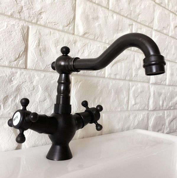 

bathroom sink basin faucet / single hole deck mounted black oil rubbed bronze cross handle swivel spout mixer taps tnf362 faucets